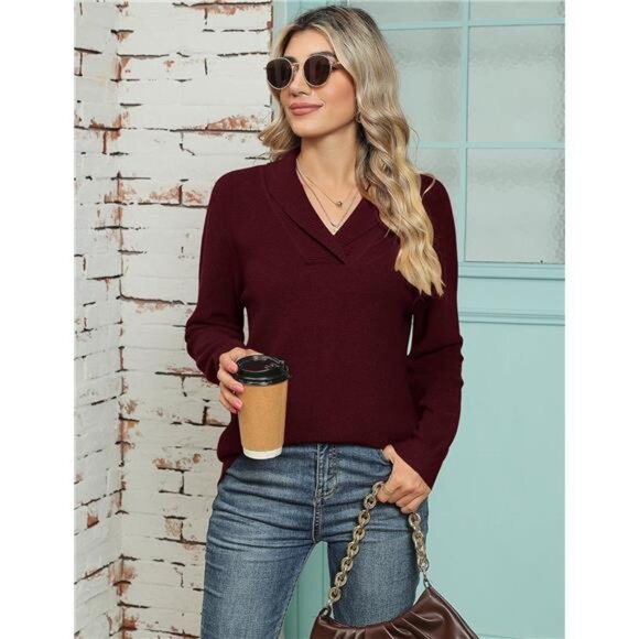 Women Long Sleeve V Neck Pullover Collar Knitted Sweaters - Picture 5 of 6